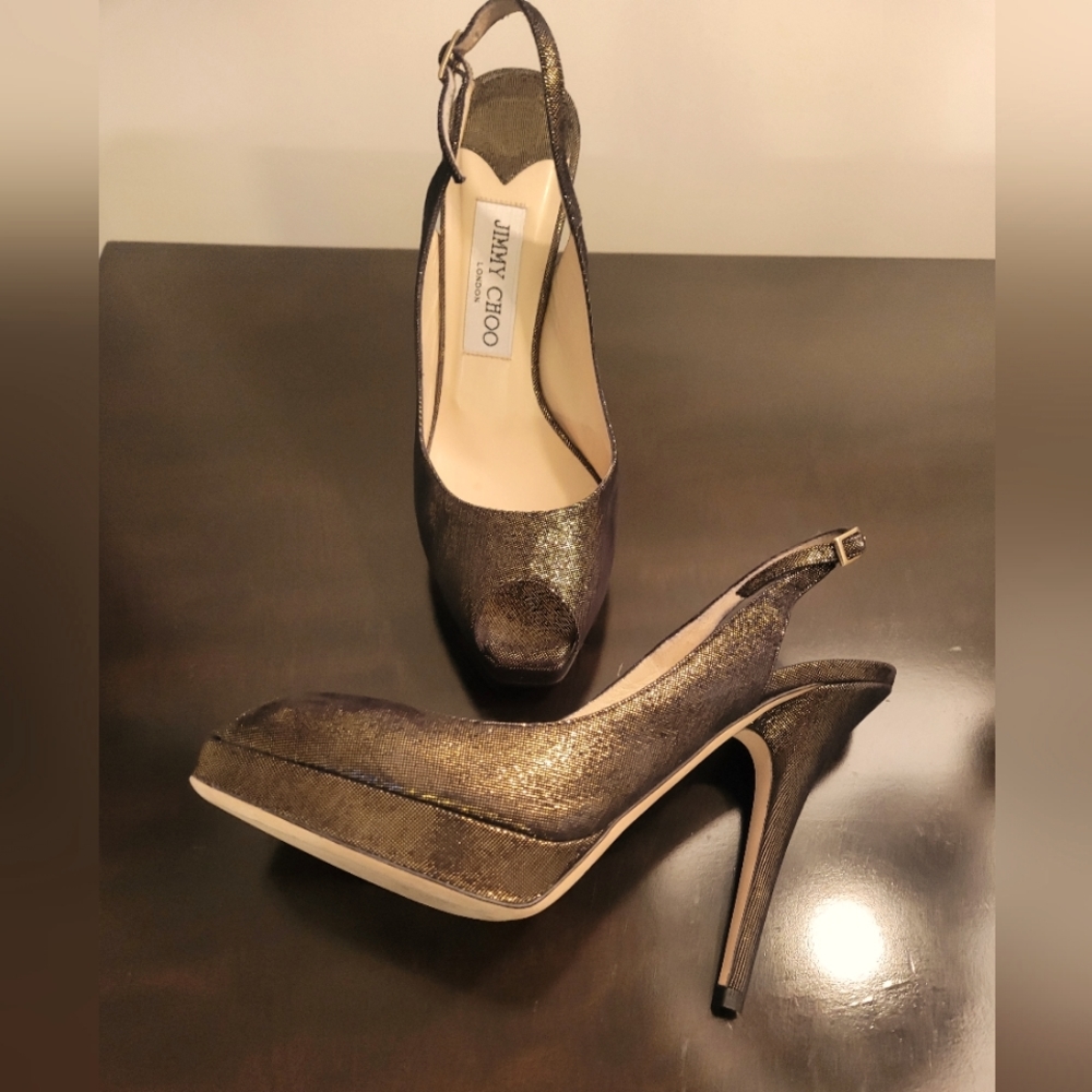 Jimmy Choo ~ Metallic Laminated Suede Clue Slingback Pumps